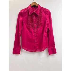 Express Design Studio Womens Long Sleeve Ruffled Dress Shirt Dark Pink Sz S 100%